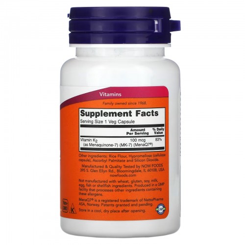 NOW Foods, MK-7, витамин K2, 100 мкг, 60 растительных капсул NOW Foods, MK-7, витамин K2, 100 мкг, 60 растительных капсул